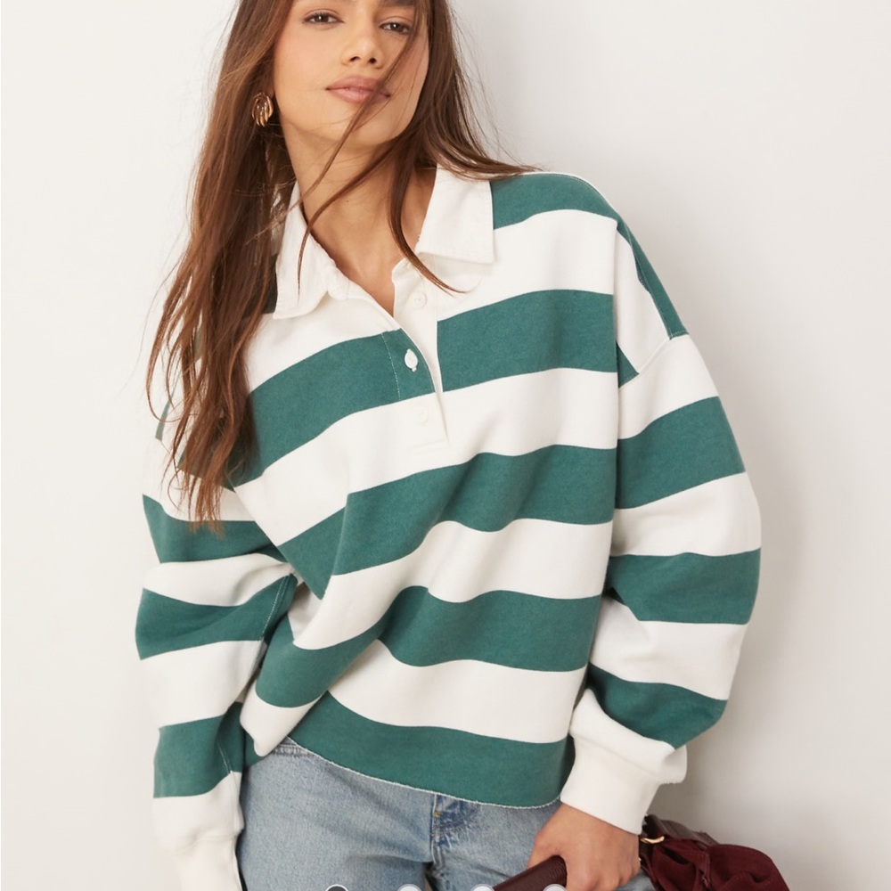 Abercrombie & Fitch Striped Rugby Pullover in Green and White